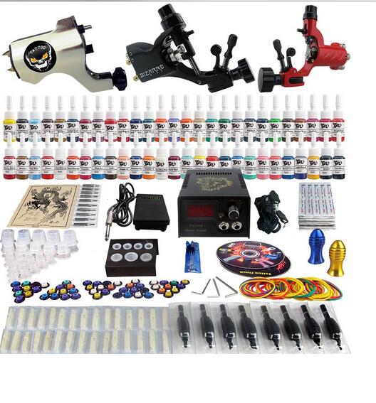 Factory Complete Tattoo Kit 3 Pro Rotary Machine Guns 54 Inks Power Supply Needle Grips TK355