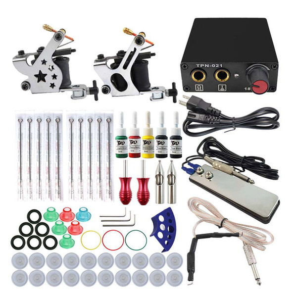 Tattoo Kit Gun 2 Machines Guns 5 Colors Inks Sets 10 Pieces Needles Power Supply Tips Grips Tattoo Guns Kits 0614002