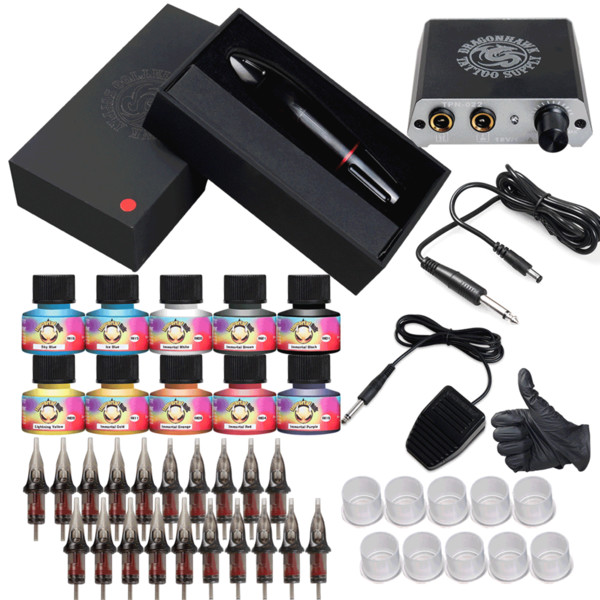 Beginner Complete Tattoo Kit Motor Pen Machine Gun Color Ink Power Supply Needle