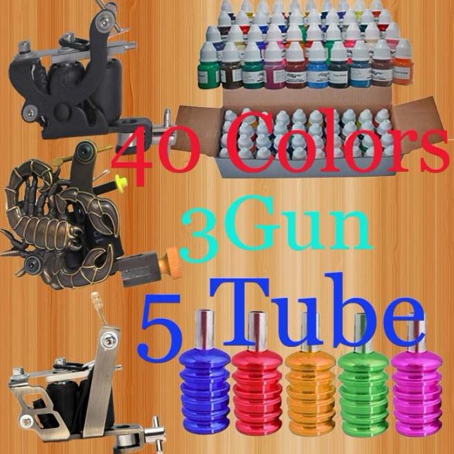 Pro 40 Inks 8ML/Bottle Pigment 3 Machines Tattoo Kit With 5 Aluminum Tube Grips Tattoo Supply