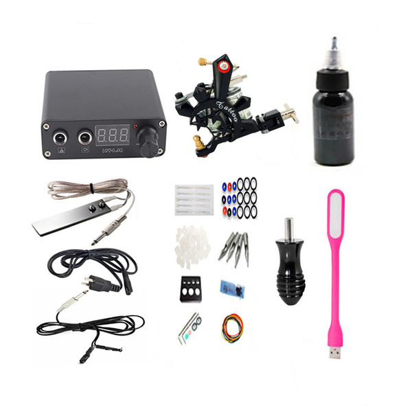 New Professional Complete Tattoo Kit 1 Top Machine Gun 1x30ml Black Inks 5 Needles Power Supply with Tattoo Led Light