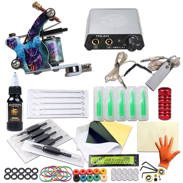 Beginner Tattoo kit Coils Tattoo Machine Mini Power Supply Needles 0.5oz Black Ink Complete Tattoo Set