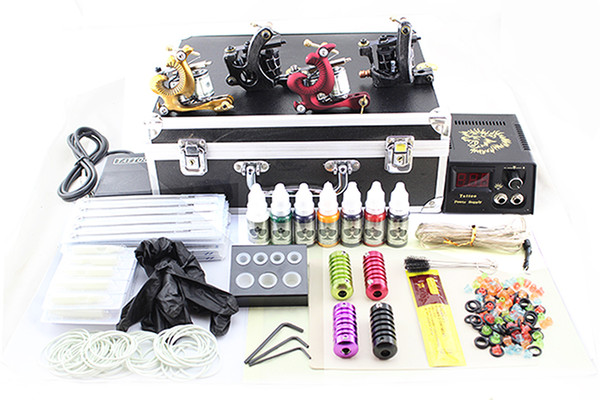 fashion lastest Professional tattoo guns kits complete 4 tattoo machine gun black power supply 7color inks grip 50 needles pedal alloy boxl