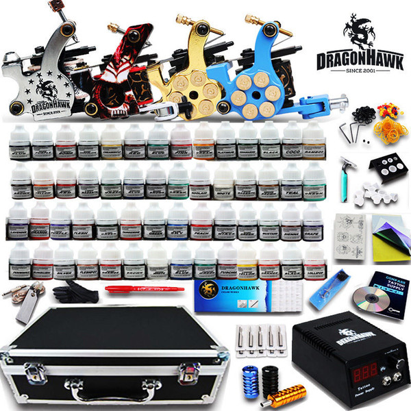 Complete Tattoo Kit 4 Machine Gun Power Supply 56 Color Ink Set Needles Kits D176GD