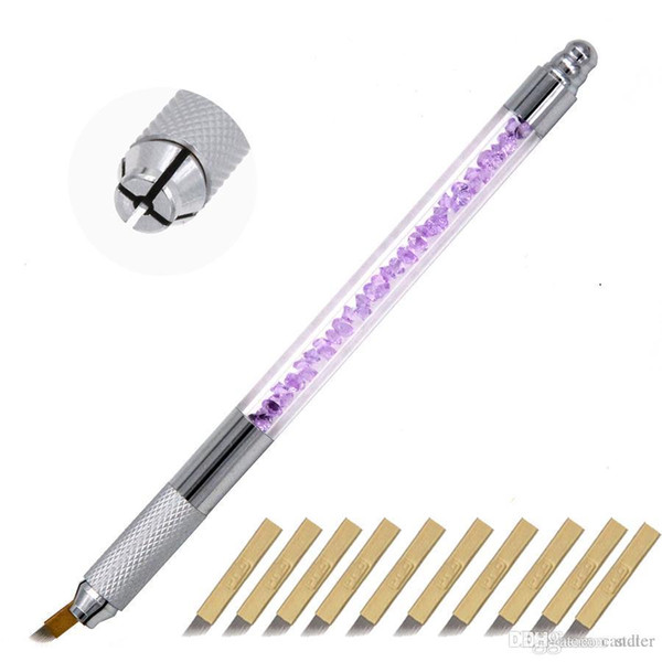 Wholesale stainless steel permanent makeup manual tattoo microblading pen stable and light weight with 10pcs microblading blades free shipp