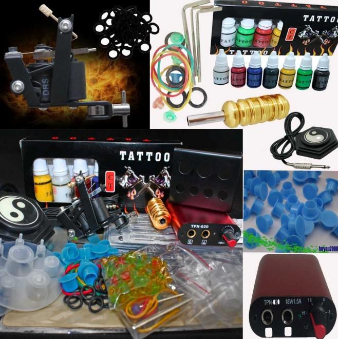 Super Red Hand Size Power Supply 7 Inks Tattoo Machine Kit 20 Needles 100 Ink Cups Tool Accessory