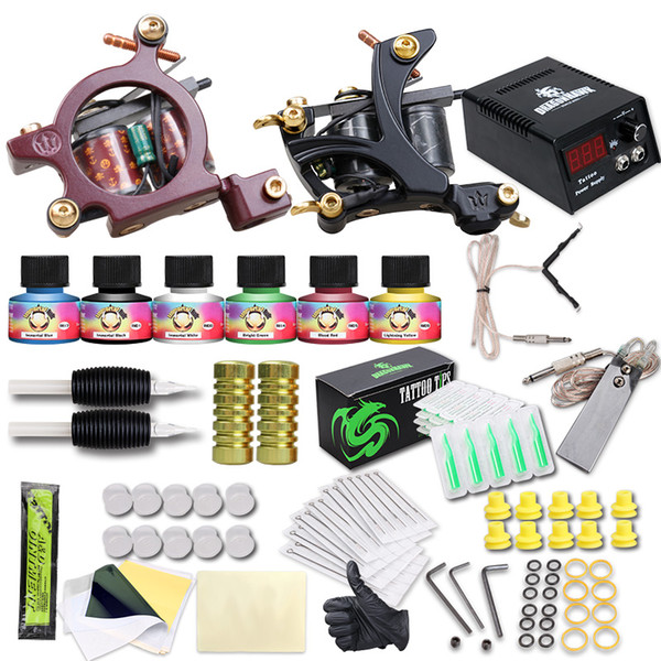 Beginner Tattoo Kit 2 Machine Gun LCD Power Supply Inks Needles Tips Grips