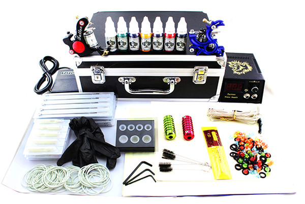 2015 lastest Professional tattoo guns kits complete 2 tattoo machine gun black power supply 7color inks 2grip 50needles pedal alloy box