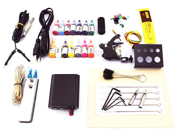 Lastest 2015 Beginner tattoo guns kits complete one tattoo machine gun mini black power supply 14color inks grip needles pedal