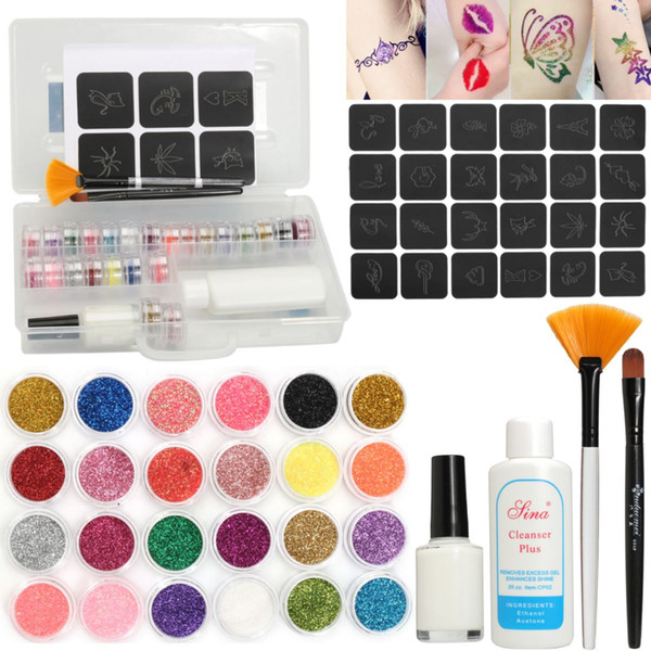 24 Colors Powder Temporary Shimmer Glitter Tattoo Kit For Makeup Body Art Design Diamond Paint With Henna Stencil Glue & Brushes