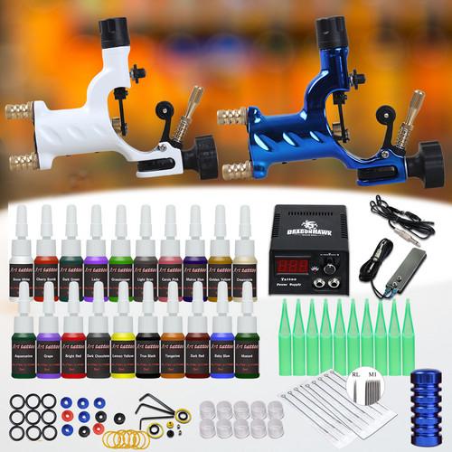 Complete Tattoo Kit 2 Rotary Machine Dragonfly Gun Power Supply 20 Color Ink Disposable Needles Tips D175GD-16