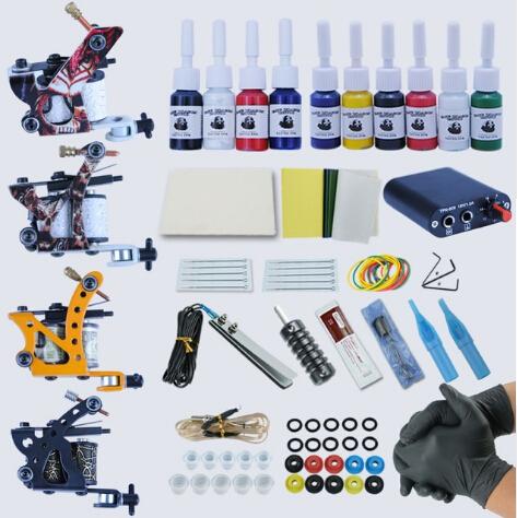 High Quality Complete Tattoo Kit Machine 4pcs Liner Shader Tattoo Gun 10 Color Immortal Tattoo Ink Set Power Box Grip Tip