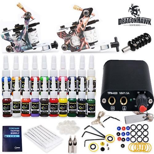 Complete Tattoo Kit needles 2 Machine Guns Power Supply 20 Color Inks HW-17VD