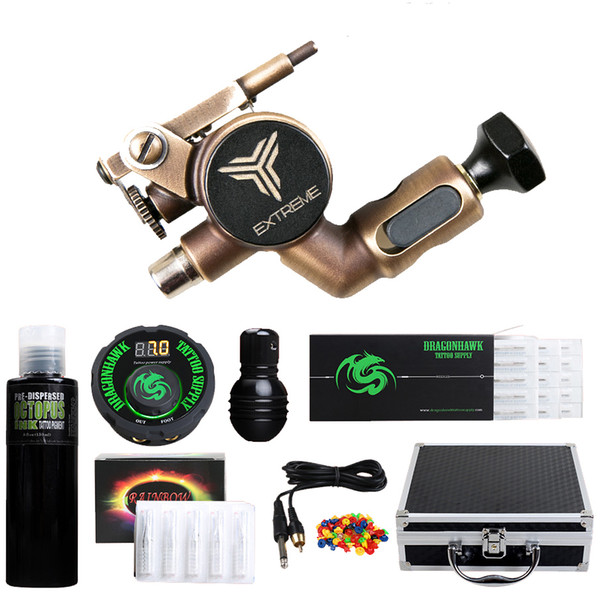 Professional Tattoo Kit Rotary Machine EXTREME X2 Gun LCD Power Supply Black Ink Disposable Needles Carry Case