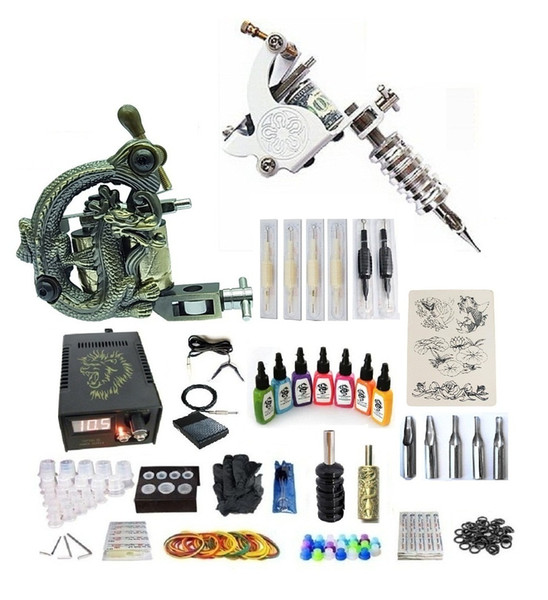 Professional Tattoo Machine Kit 1 Alloy Machine 1 Steel Machine Liner & Shader High Quality 1 x Aluminum Grip&1 x Alloy Grip 7 Inks