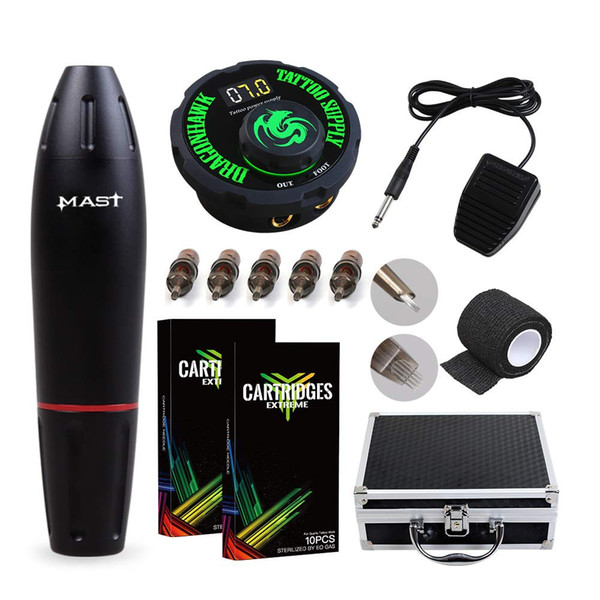 Rotary Tattoo Pen Kit Dragonhawk Mast Pen LCD Power Supply Extreme Needles Foot Pedal Carry Box