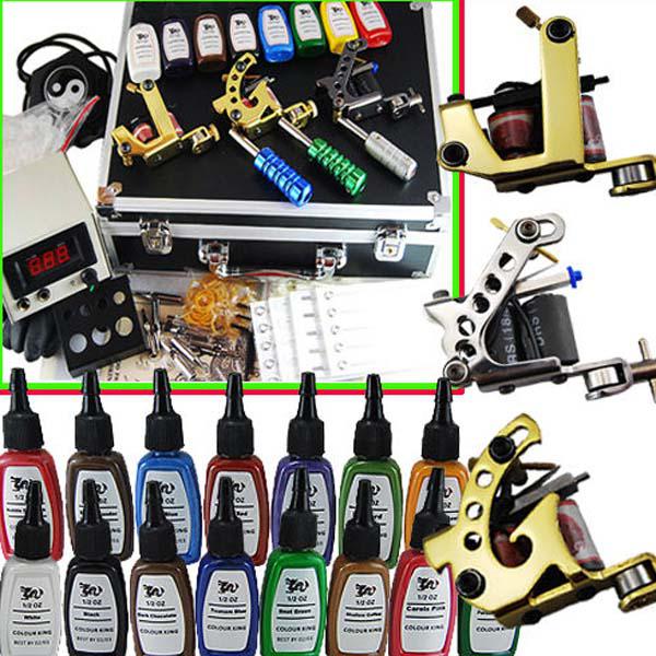 Complete Tattoo Kit 3 Machines Guns Power 15 Color Tattoo Ink Pigment Needle Beginner Use