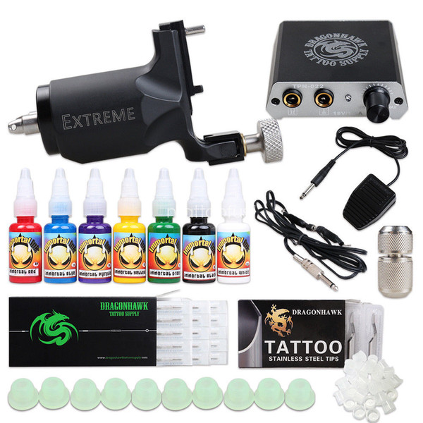 Professional Tattoo Kit Extreme Rotary Machine Power Supply Immortal Inks Needles Tips Grips D3012