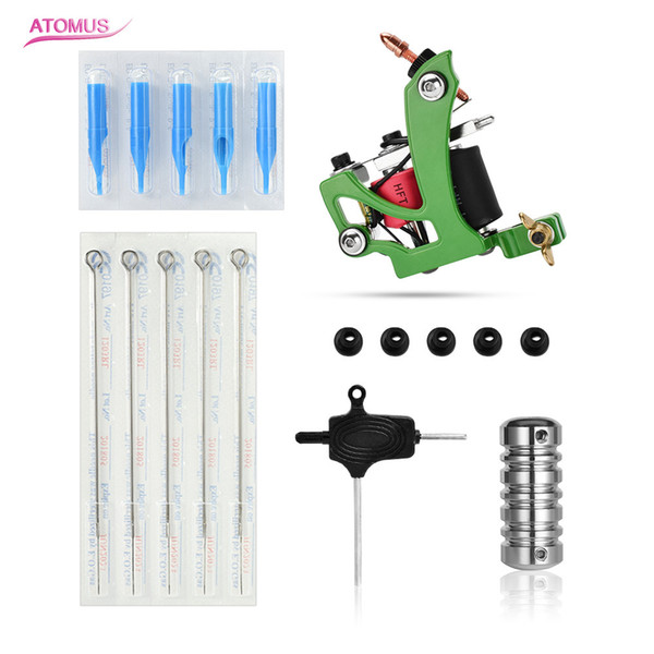 Tatto Machine Set Green Coil Tattoo Kit Professional De Tatuagem Maquina Bobina Needles Grip Nozzle Tips Silicone T Type