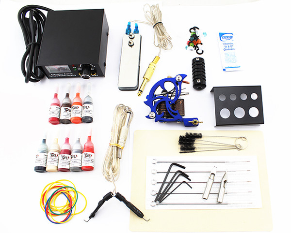 2015 lastest beginner tattoo guns kits complete one tattoo machine gun black power supply 9color inks grip 5needles pedal