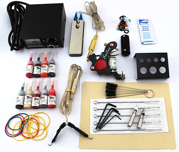 lastest Beginner tattoo guns kits complete one tattoo machine gun mini black power supply 14color inks grip needles pedal