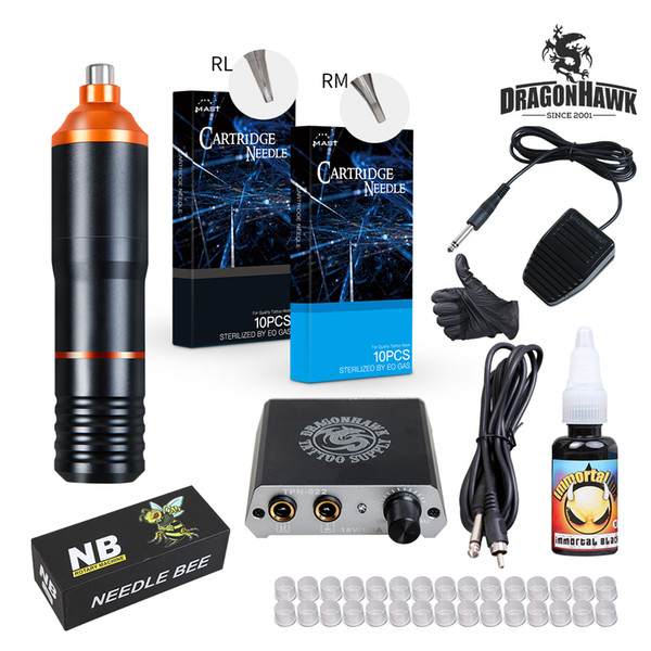 Rotary Tattoo Kit Dragonhawk Hybrid Pen Style Tattoo Gun Mini Power Supply Immortal Black Ink Mast Needles Set