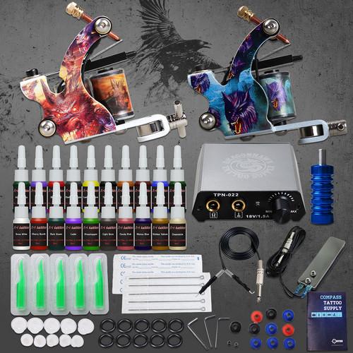 Free shipping Tattoo Kit 2 Machine Gun 20 color inks Tips Power Supply Set Needle D175GD-13