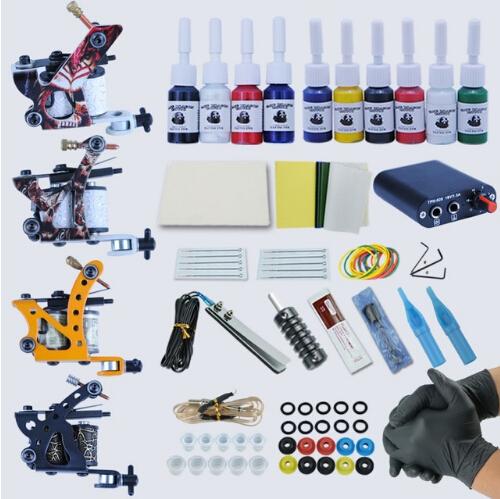 Professional Complete Tattoo Kit Tattoo Machine 4pcs Liner Shader Tattoo Gun 10 Color Immortal Ink Set Power Box Grip Tip