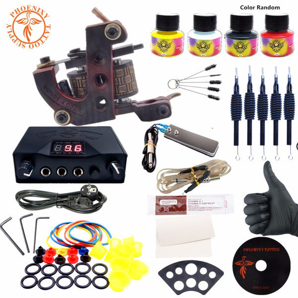 Complete Tattoo Kit 4 Colors Tattoo Ink Machines Set Black Power Supply Needles Permanent Make Up Professional Kit Set