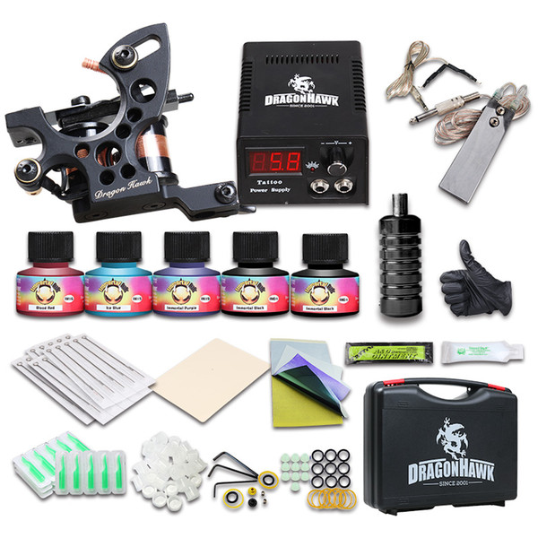 Beginner Tattoo Kit 1 Machine Gun LCD Power Supply Inks Needles Tips Carry Case