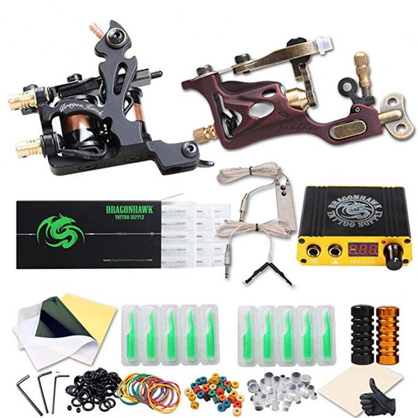 Beginner Tattoo Kit Coils Machine Rotary Motor Gun Tattoo Power Supply Disposable Needles Tips 10 Inks Tattoo Supply