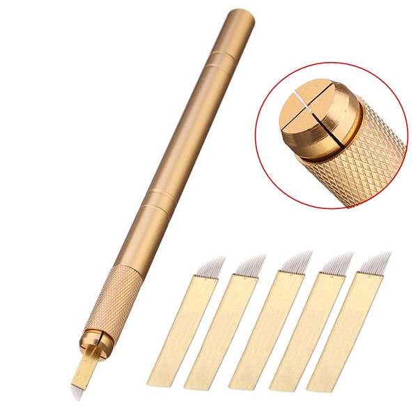 Golden Tebori Pen Microblading Tattoo Machine For Permanent Makeup Eyebrow Tattooing Manual Guns With 5pcs 12pin Needles Blade