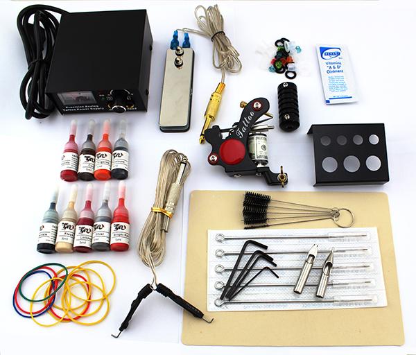 Lastest 2015 Beginner tattoo guns kits complete one Pro tattoo machine gun power supply 9color inks grip needles pedal