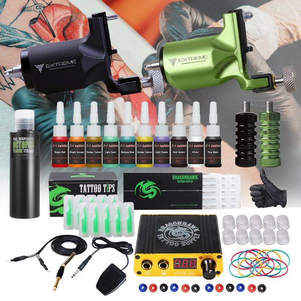 Rotary Tattoo Kit Dragonhawk Extreme Rotary Motor Machine Mini Power Supply Disposable Needles Tips Grips Black Tattoo Set