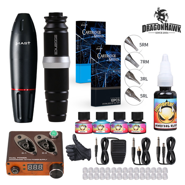 Rotary Tattoo Kit 2 Tattoo Pens Mast Essence Tattoo Guns Dual Power Supply Immortal Inks Cartridge Needles