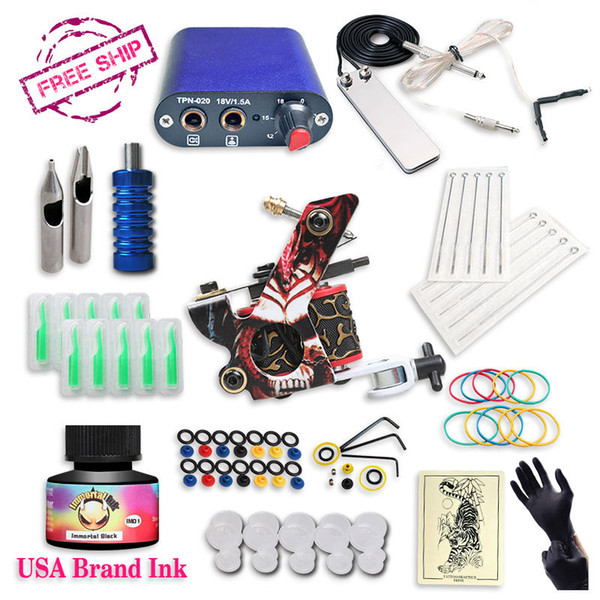 Free Ship Cheap Beginner Tattoo Kit With Hot Sales USA Brand Ink With 1 Tattoo Machine Complete Tattoo Power Supply
