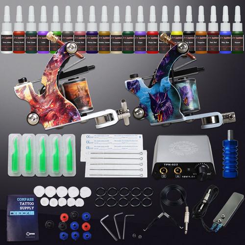 Dragonhawk Tattoo Kit 2 Machines Coils Guns 20 inks Power Supply 20 Needles Tips Beginner Tattoo Set