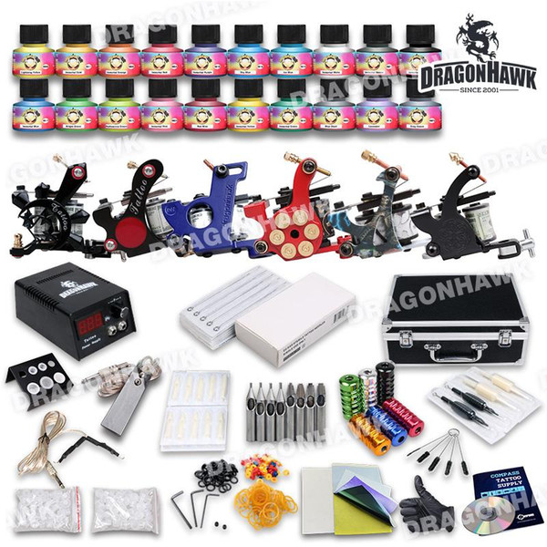 Beginner New Tattoo Kit 6 Machine Gun 20 USA(Immortal) color ink Tip Power Supply Set Needles D187GD-9