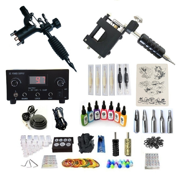 High Quality Tattoo Kit 2 machines Dual Digital Power Supply 7 Inks 25 Needles 2 Grips classic daily