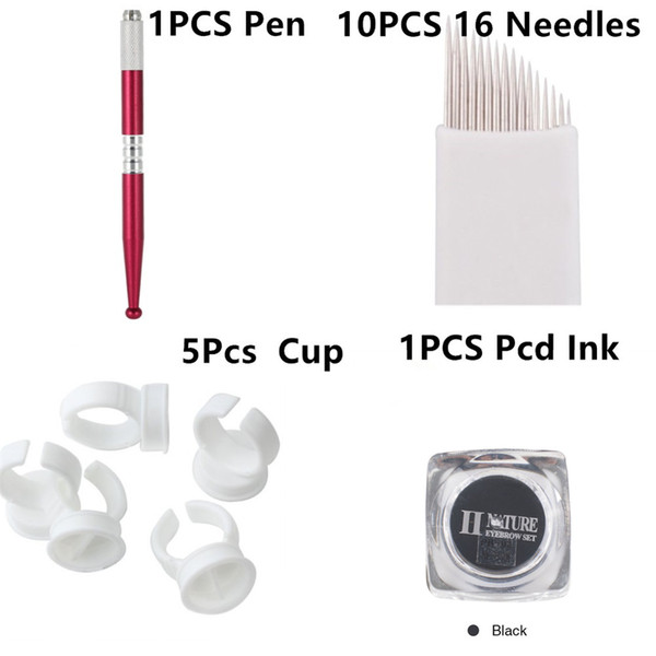 Free Shipping Microblading Pen KITS Manual Pen Eyebrow Black Paste Kits With 10Pcs 16Pin Needle Blade 5Pcs Ring Ink Cup For Learner use