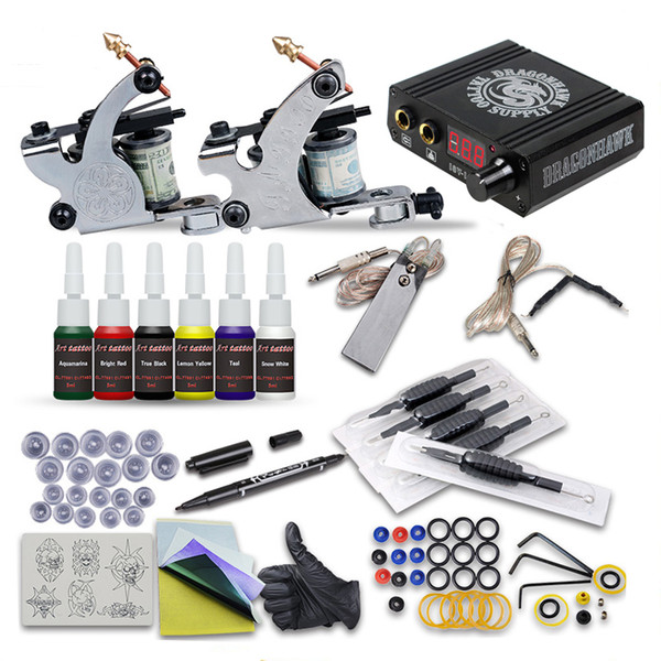 Complete Tattoo Kits 2 Machine Guns Liner Shader 6 Inks Mini LCD Power Supply Beginner Practice Kit