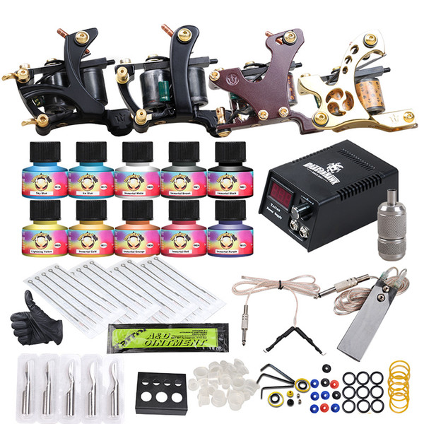 Professional Tattoo Kit 4 Coils Guns Liner Shader Machines LCD Power Supply 10 Inks Needles Tips Grips Tattoo Set