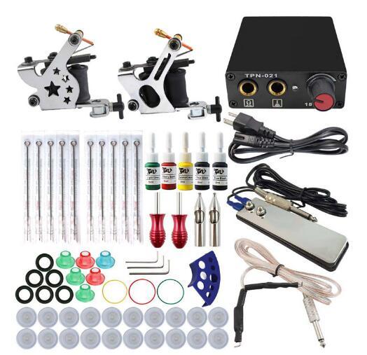 New Complete Tattoo Machine Kit Set 2 Coils Guns 5 Colors Black Pigment Sets Power Tattoo Beginner Grips Kits Permanent Makeup