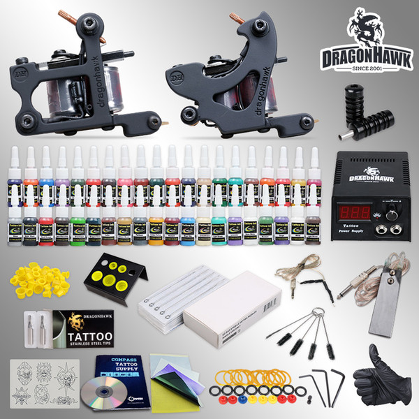 Tattoo Kit 2 Machine Gun 40 Color Ink Power Supply Needles Grip Tips HW-10GD-1