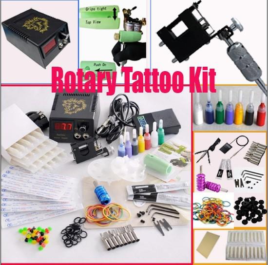 Rotary Tattoo Machine Gun Kits LED Power Supply Set 20 Needles 8 Steel Tips Accessories