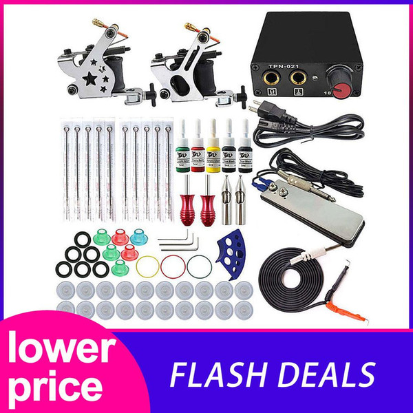 Complete Tattoo Machine Kit Set 2 Coils Guns 5 Colors Black Pigment Sets Power Tattoo Beginner Kits Permanent Makeup Machines