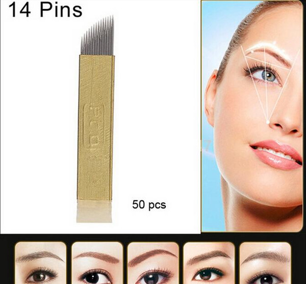 50 PCS PCD 14 Needles Bevel Permanent Makeup Eyebrow Blade For 3D Permanent Makeup Handmade Manual Tattoo Pen Cosmetic Eyebrows