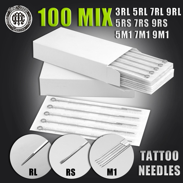 100pcs or 50pcs Assorted Sterilized Tattoo Needles Mixed 10 Sizes kit 3RL 5RL 7RL 9RL 5RS 7RS 9RS 5M1 7M1 9M1 of machine gun Free Shipping