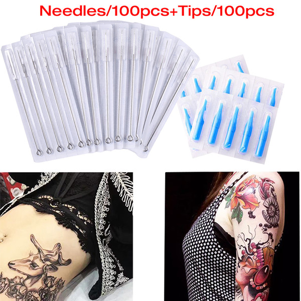 100 PCS Disposable Sterile Tattoo Needle+100PCS Blue Disposable Tattoo Tips Professional Tattoo Needle Product Equipment Accessories