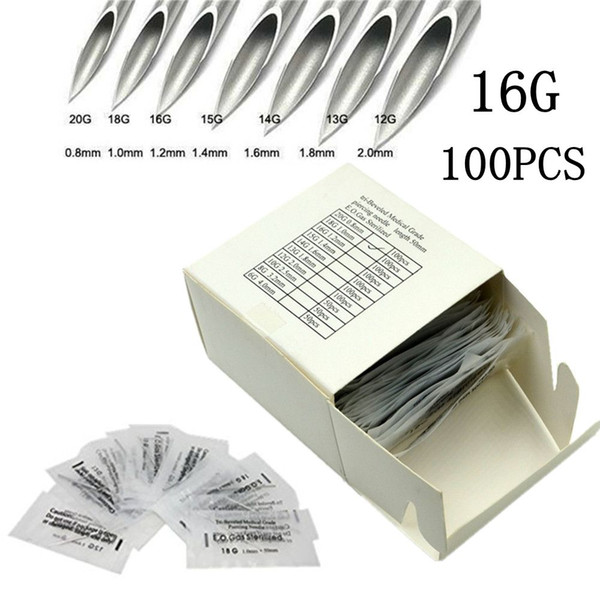 100PCS 16G Piercing Needles Surgical Steel Disposable Body Piercing Needles E.O.Gas Sterilized Permanent Makeup Tattoo Needles